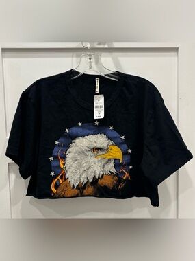 Emma & Sam Black Cropped Tee with Eagle Head and Flame Graphic